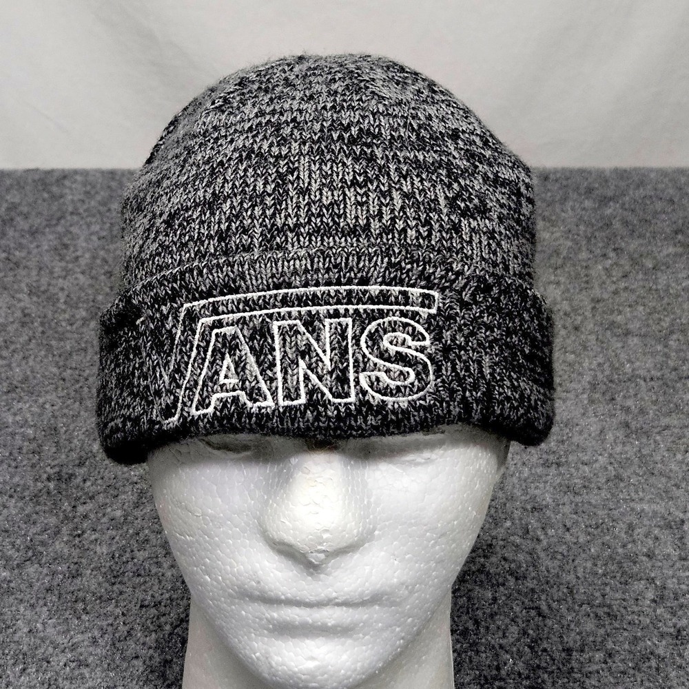 Vans Beanie Hat Black Gray Knit Embroidered Logo Skater Streetwear Y2K Style